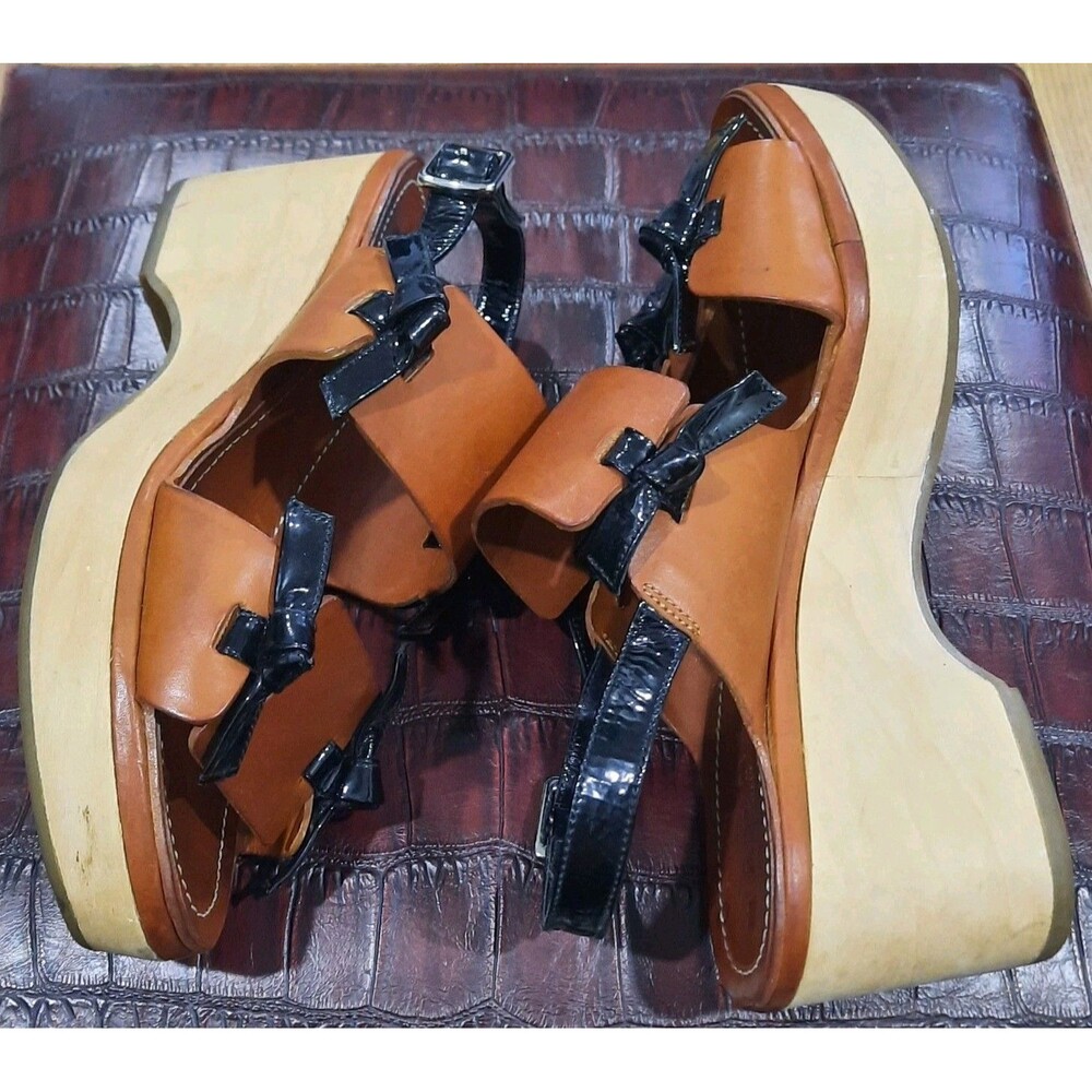 MARNI Amber Brown + Black Bow Wooden Platform Wedge Sandals 40 IT / 10 US XLNT - Picture 4 of 7